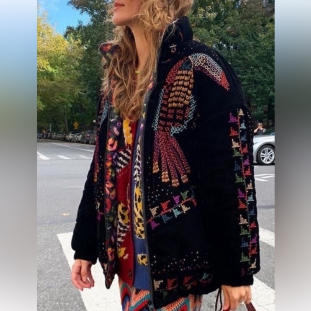 Farm Rio Black Embroidered Reversible Puffer Jacket Toucan Velvet SZ Medium